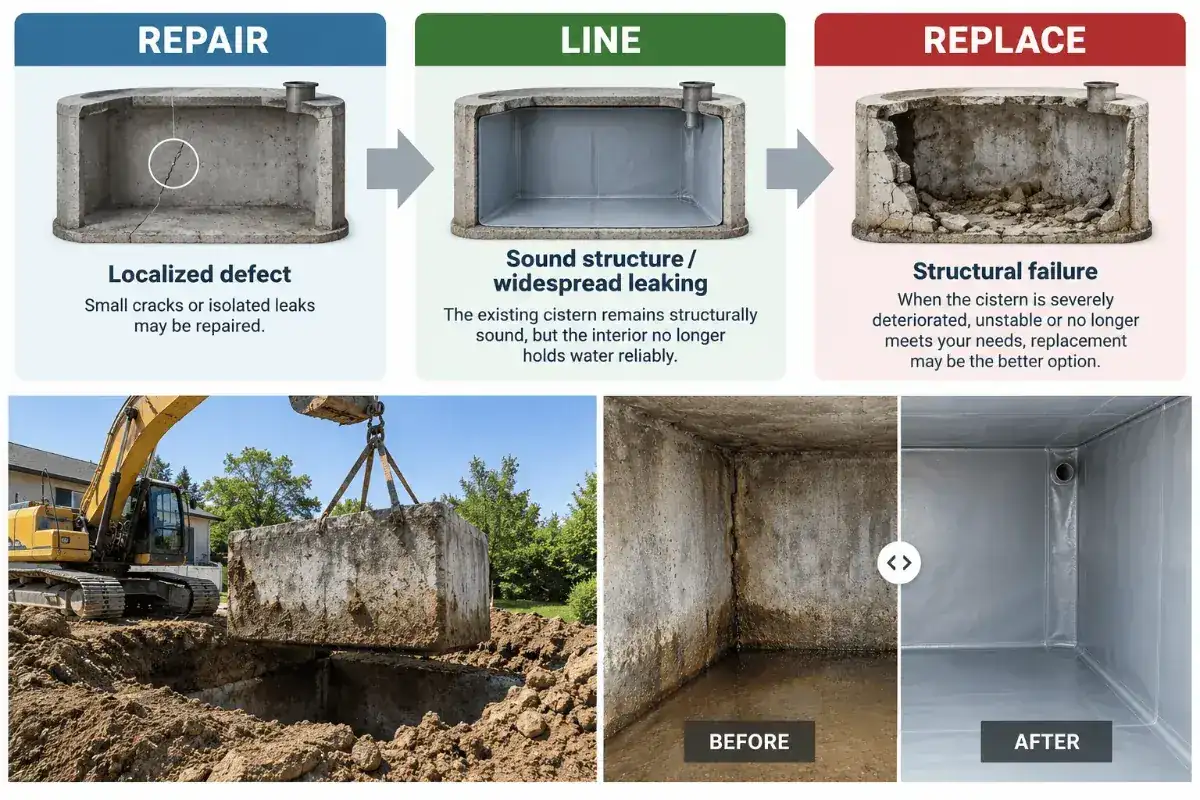 Graphic showing the difference between cistern repair, a new liner and a new cistern