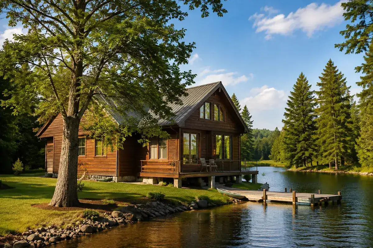 Waterfront log cottage with a dock, served by a cistern water system