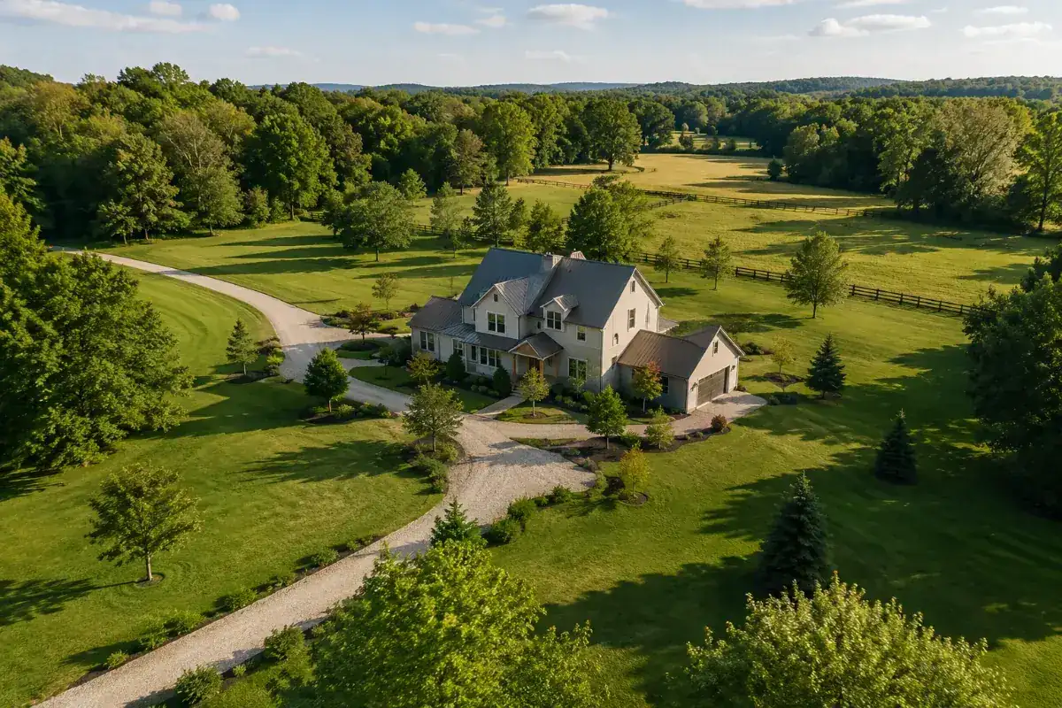 Aerial view of a country property with a large home, fields and a long driveway