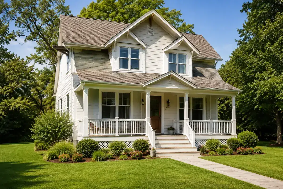 Two-storey farmhouse with a front porch on a rural property with a private water cistern