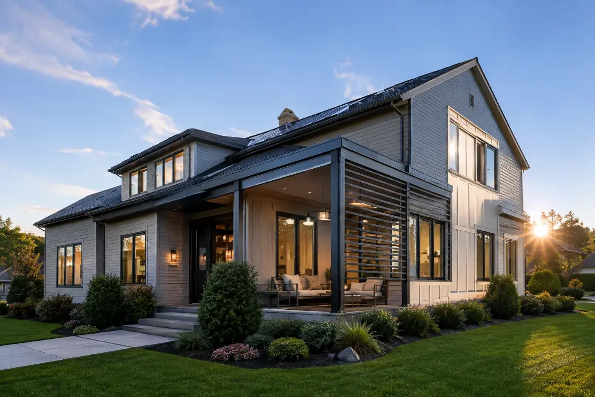 Newly built home at sunset, planned with a cistern for water storage