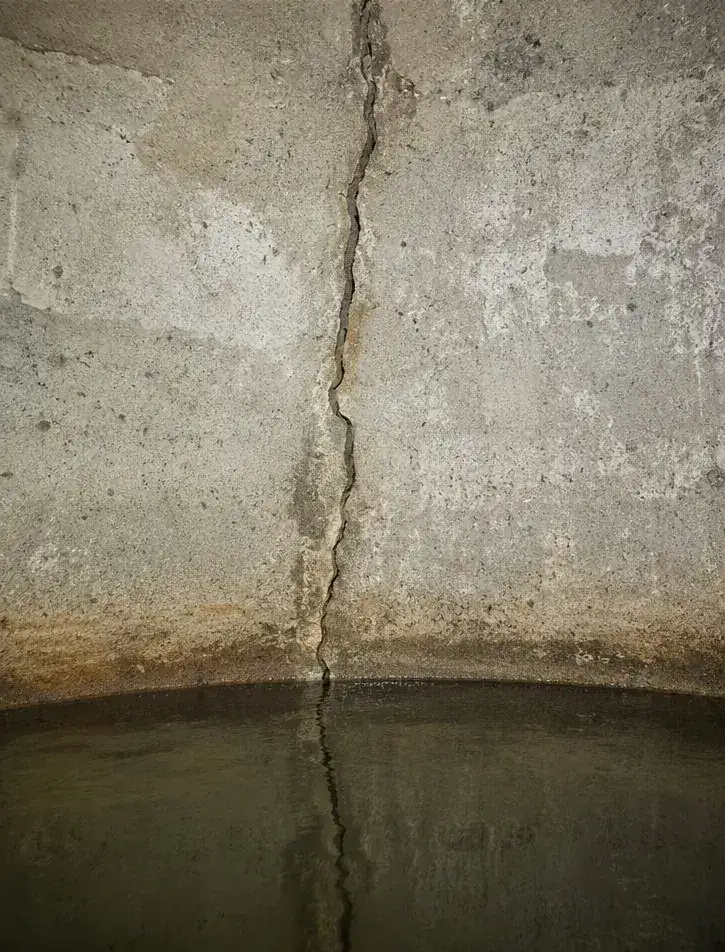 A visible crack in a concrete cistern wall